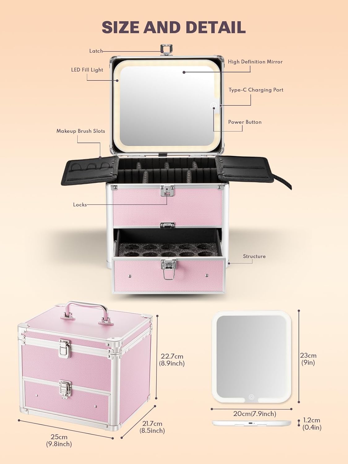 Makeup Box with A Detachable Lighted Mirror, Waterproof Travel Train Case, Cosmetic Organizer and Makeup Suitcase with Adjustable Dividers, Magnetic LED Mirror(Icy Pink)