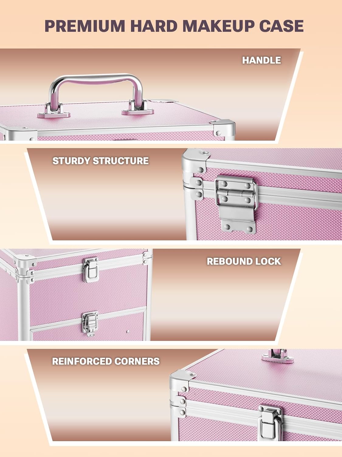 Makeup Box with A Detachable Lighted Mirror, Waterproof Travel Train Case, Cosmetic Organizer and Makeup Suitcase with Adjustable Dividers, Magnetic LED Mirror(Icy Pink)