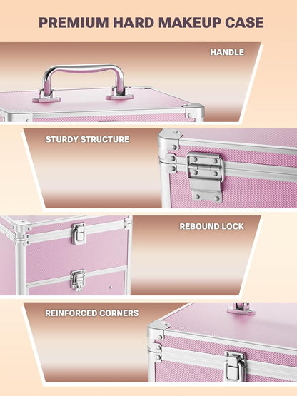 Makeup Box with A Detachable Lighted Mirror, Waterproof Travel Train Case, Cosmetic Organizer and Makeup Suitcase with Adjustable Dividers, Magnetic LED Mirror(Icy Pink)
