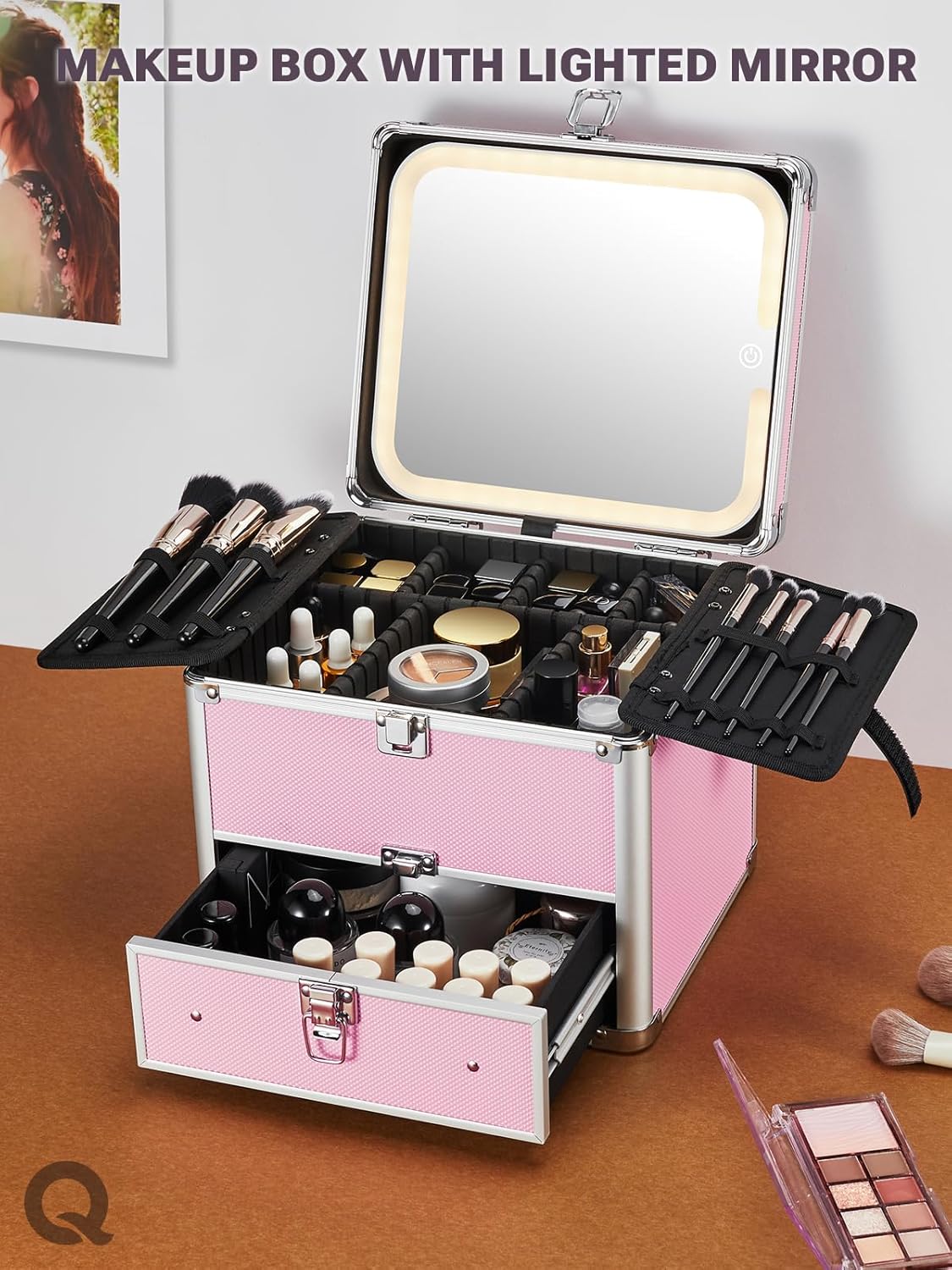 Makeup Box with A Detachable Lighted Mirror, Waterproof Travel Train Case, Cosmetic Organizer and Makeup Suitcase with Adjustable Dividers, Magnetic LED Mirror(Icy Pink)