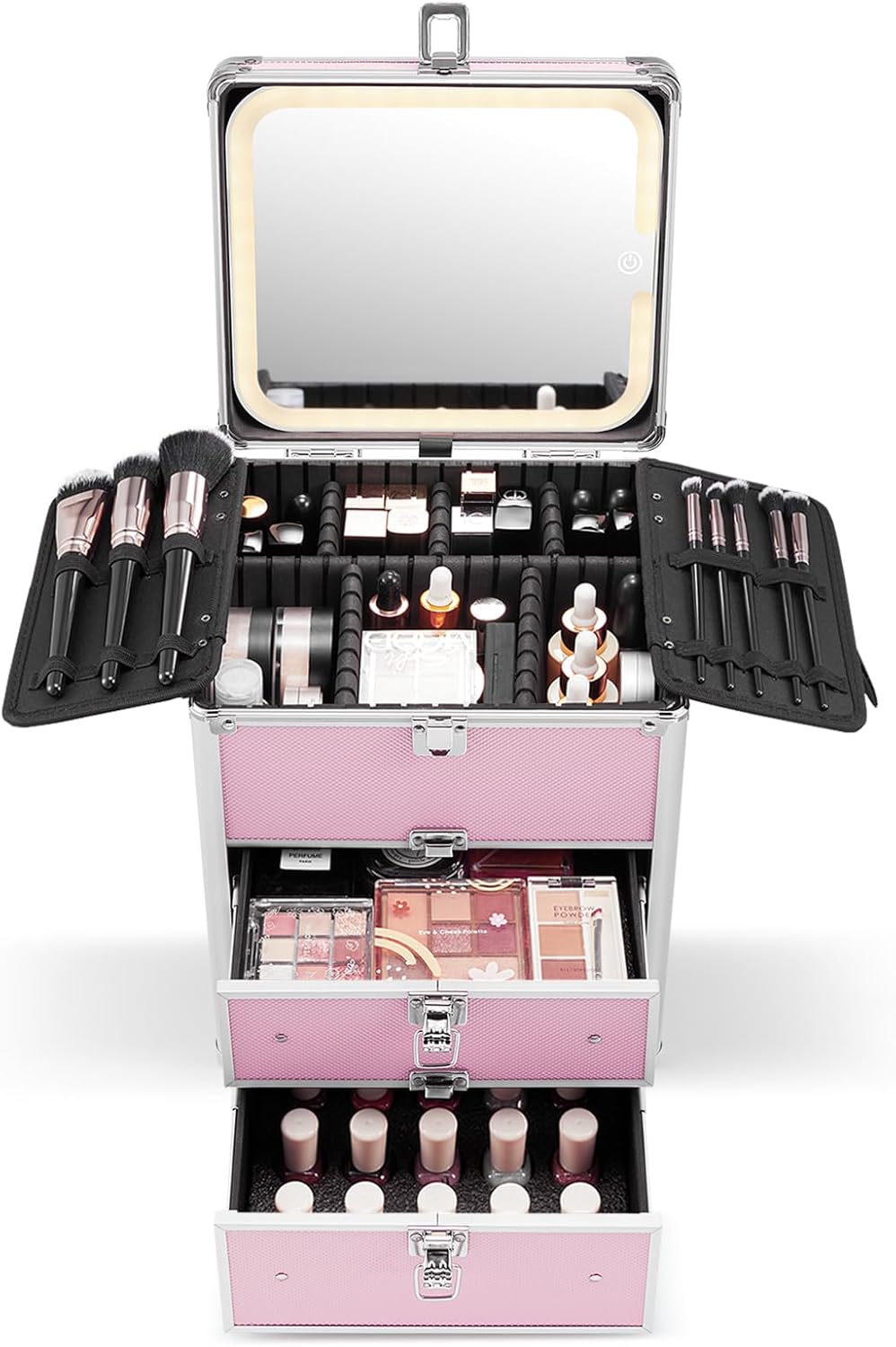 Makeup Box with A Detachable Lighted Mirror, Waterproof Travel Train Case, Cosmetic Organizer and Makeup Suitcase with Adjustable Dividers, Magnetic LED Mirror(Icy Pink)