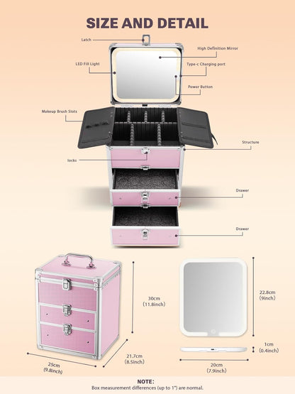 Makeup Box with A Detachable Lighted Mirror, Waterproof Travel Train Case, Cosmetic Organizer and Makeup Suitcase with Adjustable Dividers, Magnetic LED Mirror(Icy Pink)