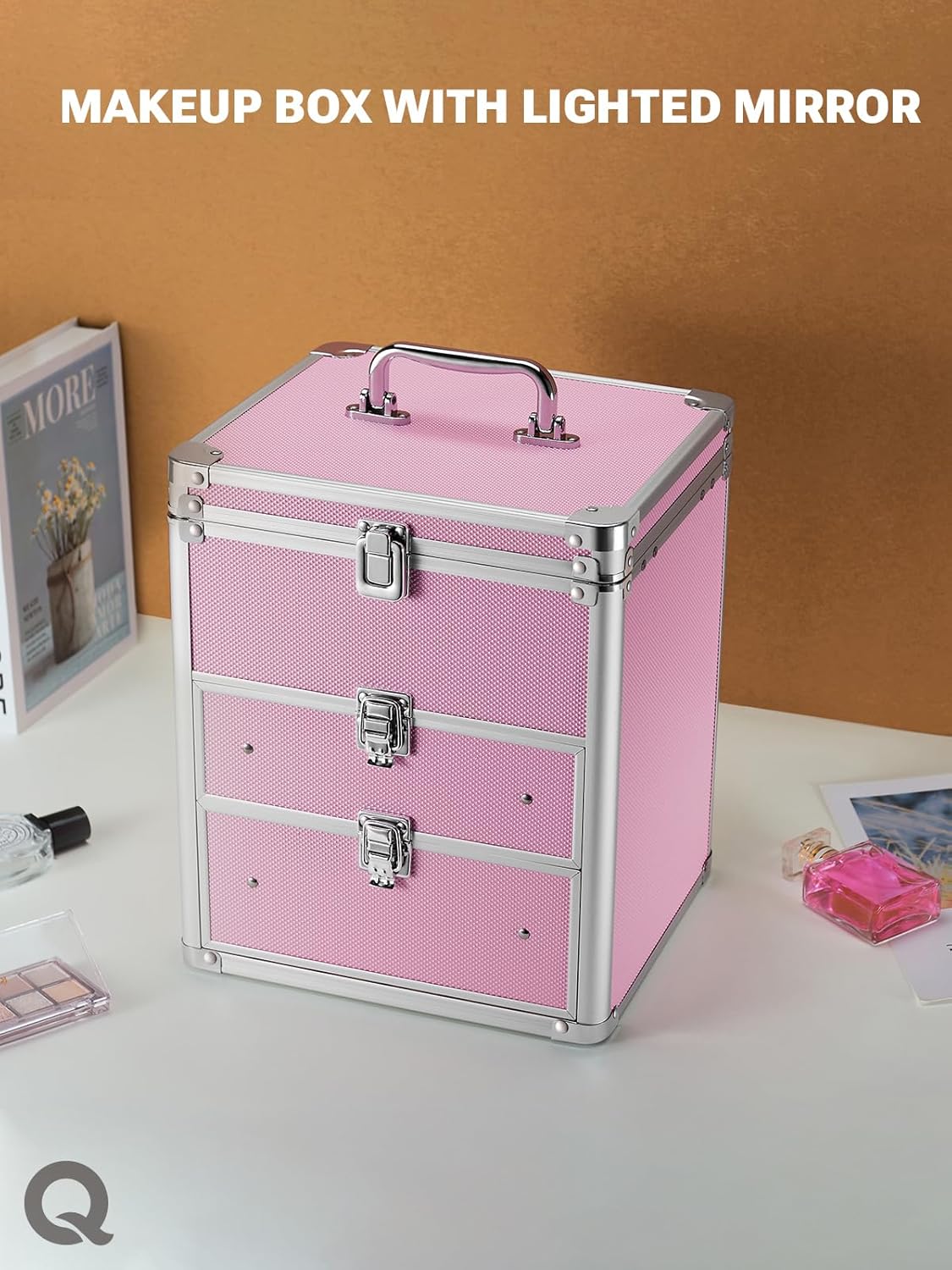 Makeup Box with A Detachable Lighted Mirror, Waterproof Travel Train Case, Cosmetic Organizer and Makeup Suitcase with Adjustable Dividers, Magnetic LED Mirror(Icy Pink)