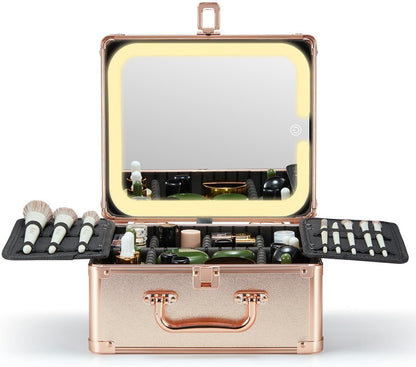 Makeup Box with A Detachable Lighted Mirror, Waterproof Travel Train Case, Cosmetic Organizer and Makeup Suitcase with Adjustable Dividers, Magnetic LED Mirror(Icy Pink)