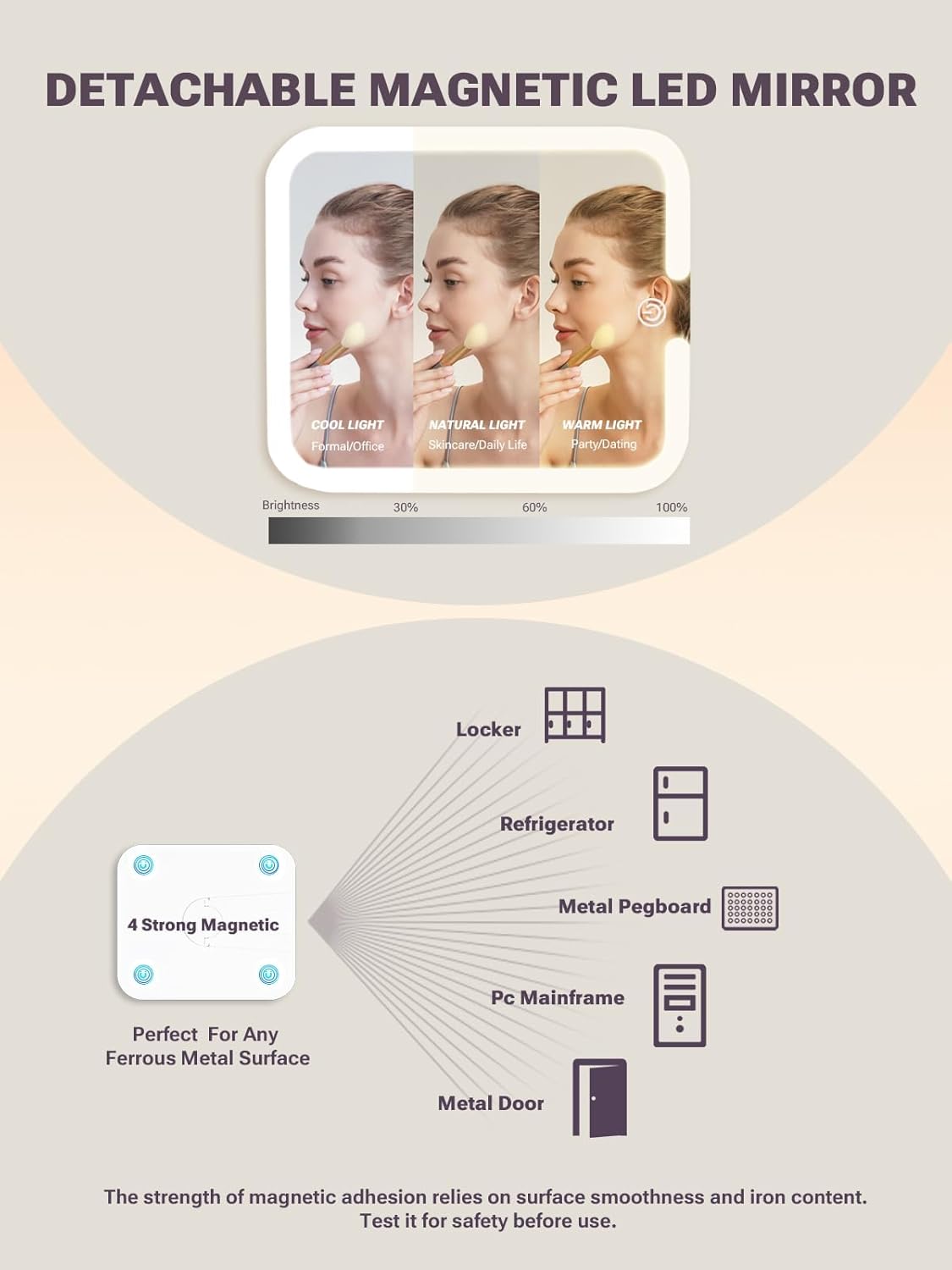Makeup Box with A Detachable Lighted Mirror, Waterproof Travel Train Case, Cosmetic Organizer and Makeup Suitcase with Adjustable Dividers, Magnetic LED Mirror(Icy Pink)