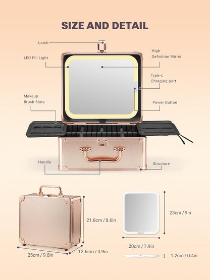 Makeup Box with A Detachable Lighted Mirror, Waterproof Travel Train Case, Cosmetic Organizer and Makeup Suitcase with Adjustable Dividers, Magnetic LED Mirror(Icy Pink)