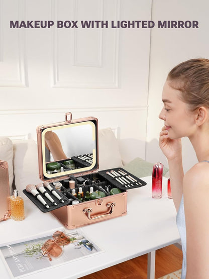 Makeup Box with A Detachable Lighted Mirror, Waterproof Travel Train Case, Cosmetic Organizer and Makeup Suitcase with Adjustable Dividers, Magnetic LED Mirror(Icy Pink)