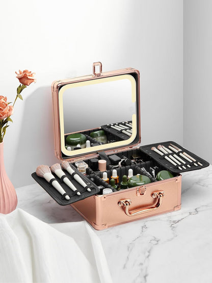 Makeup Box with A Detachable Lighted Mirror, Waterproof Travel Train Case, Cosmetic Organizer and Makeup Suitcase with Adjustable Dividers, Magnetic LED Mirror(Icy Pink)