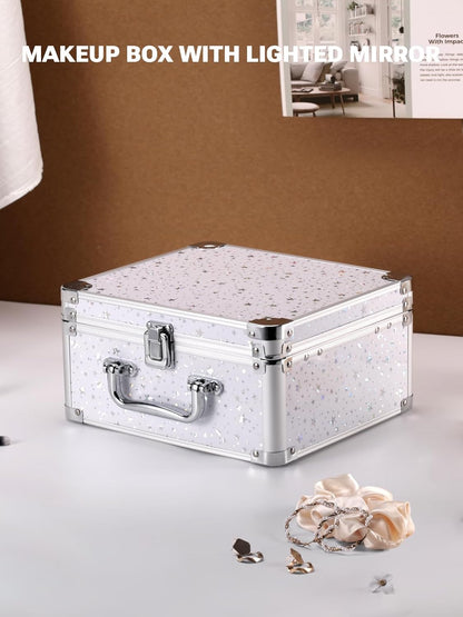 Makeup Box with A Detachable Lighted Mirror, Waterproof Travel Train Case, Cosmetic Organizer and Makeup Suitcase with Adjustable Dividers, Magnetic LED Mirror(Icy Pink)