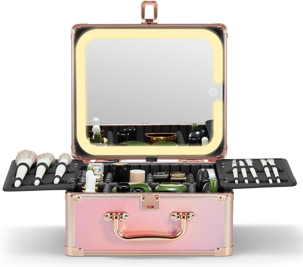 Makeup Box with A Detachable Lighted Mirror, Waterproof Travel Train Case, Cosmetic Organizer and Makeup Suitcase with Adjustable Dividers, Magnetic LED Mirror(Icy Pink)