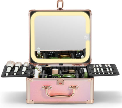 Makeup Box with A Detachable Lighted Mirror, Waterproof Travel Train Case, Cosmetic Organizer and Makeup Suitcase with Adjustable Dividers, Magnetic LED Mirror(Icy Pink)