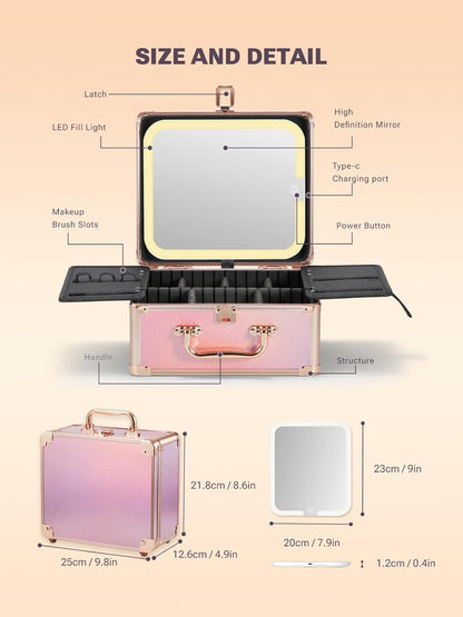 Makeup Box with A Detachable Lighted Mirror, Waterproof Travel Train Case, Cosmetic Organizer and Makeup Suitcase with Adjustable Dividers, Magnetic LED Mirror(Icy Pink)