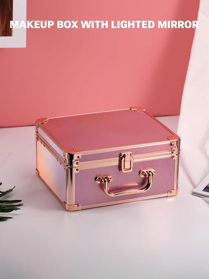 Makeup Box with A Detachable Lighted Mirror, Waterproof Travel Train Case, Cosmetic Organizer and Makeup Suitcase with Adjustable Dividers, Magnetic LED Mirror(Icy Pink)