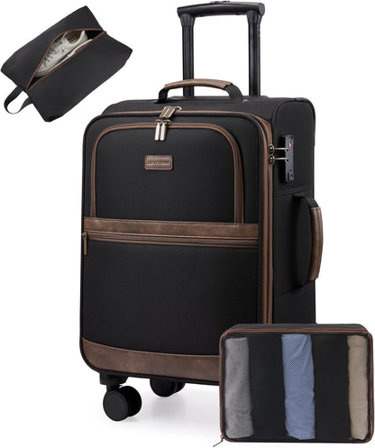 Carry On Luggage 22x14x9 Airline Approved,20 Inch Suitcases with Spinner Wheels,Softside Carry-on Suitcase with TSA Lock for Men Women Business Trip Weekender Travel,Black&brown