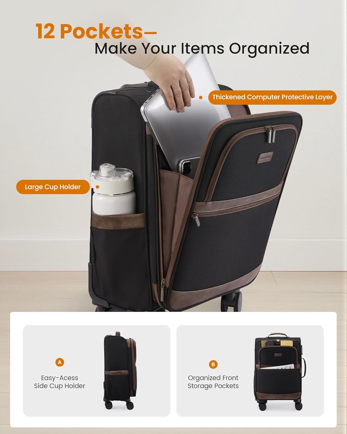Carry On Luggage 22x14x9 Airline Approved,20 Inch Suitcases with Spinner Wheels,Softside Carry-on Suitcase with TSA Lock for Men Women Business Trip Weekender Travel,Black&brown