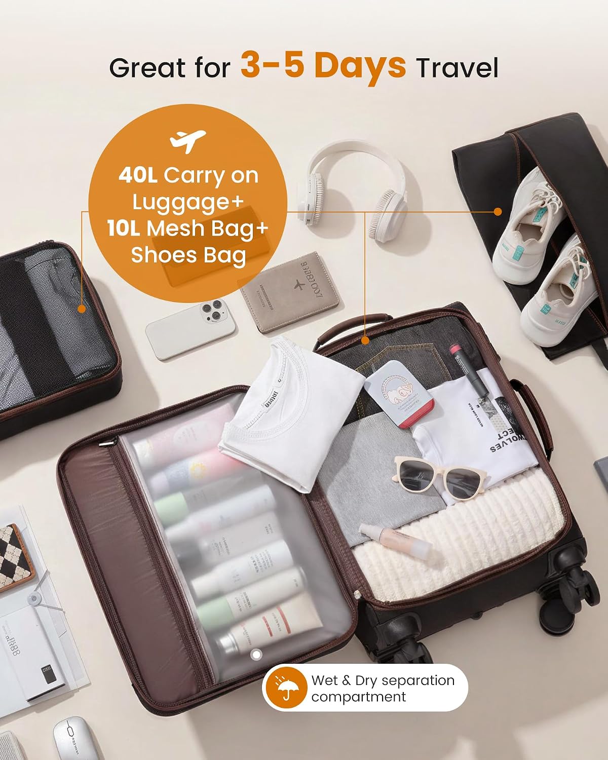 Carry On Luggage 22x14x9 Airline Approved,20 Inch Suitcases with Spinner Wheels,Softside Carry-on Suitcase with TSA Lock for Men Women Business Trip Weekender Travel,Black&brown
