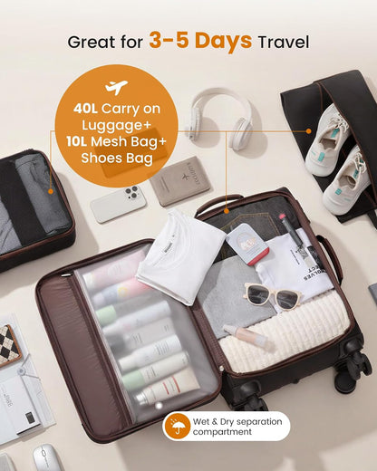Carry On Luggage 22x14x9 Airline Approved,20 Inch Suitcases with Spinner Wheels,Softside Carry-on Suitcase with TSA Lock for Men Women Business Trip Weekender Travel,Black&brown