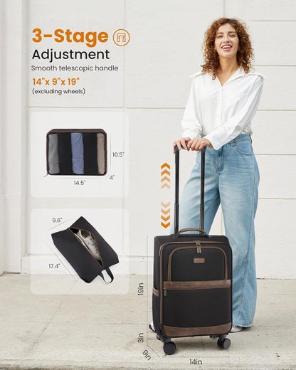 Carry On Luggage 22x14x9 Airline Approved,20 Inch Suitcases with Spinner Wheels,Softside Carry-on Suitcase with TSA Lock for Men Women Business Trip Weekender Travel,Black&brown