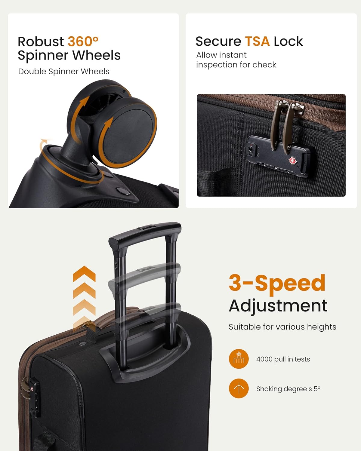 Carry On Luggage 22x14x9 Airline Approved,20 Inch Suitcases with Spinner Wheels,Softside Carry-on Suitcase with TSA Lock for Men Women Business Trip Weekender Travel,Black&brown