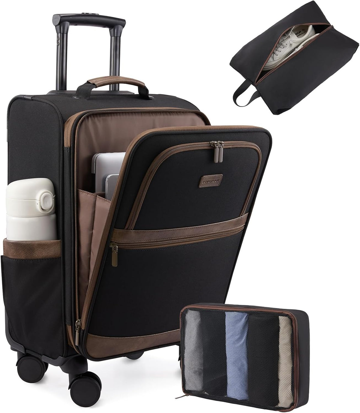 Carry On Luggage 22x14x9 Airline Approved,20 Inch Suitcases with Spinner Wheels,Softside Carry-on Suitcase with TSA Lock for Men Women Business Trip Weekender Travel,Black&brown