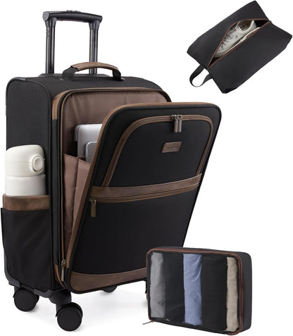 Carry On Luggage 22x14x9 Airline Approved,20 Inch Suitcases with Spinner Wheels,Softside Carry-on Suitcase with TSA Lock for Men Women Business Trip Weekender Travel,Black&brown