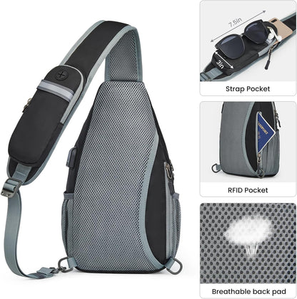 RFID Sling Bag Crossbody Hiking Shoulder Chest Bag for Women Men | Crossbody Bag Men with USB Charging Port and Earphone Hole, Water-resistant