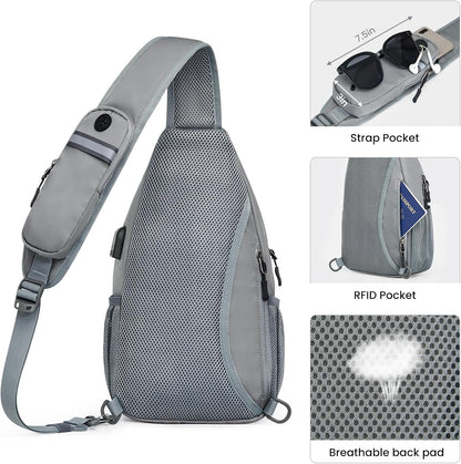 RFID Sling Bag Crossbody Hiking Shoulder Chest Bag for Women Men | Crossbody Bag Men with USB Charging Port and Earphone Hole, Water-resistant