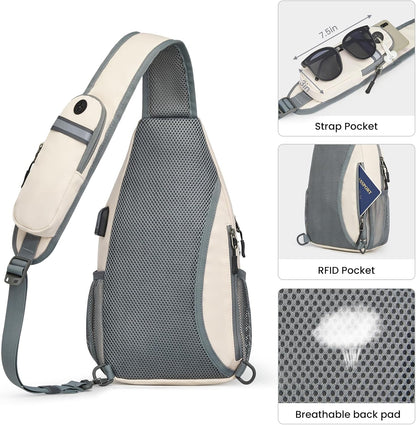 RFID Sling Bag Crossbody Hiking Shoulder Chest Bag for Women Men | Crossbody Bag Men with USB Charging Port and Earphone Hole, Water-resistant