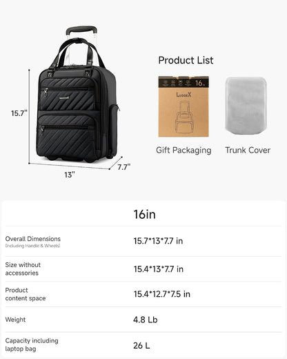 LUGGEX Underseat Carry On Luggage with Wheels, UDK Stylish Lightweight Under Seat Luggage, Soft Sided Personal Item Suitcase for Short Trip (UX-Core, Black, 16 Inch)