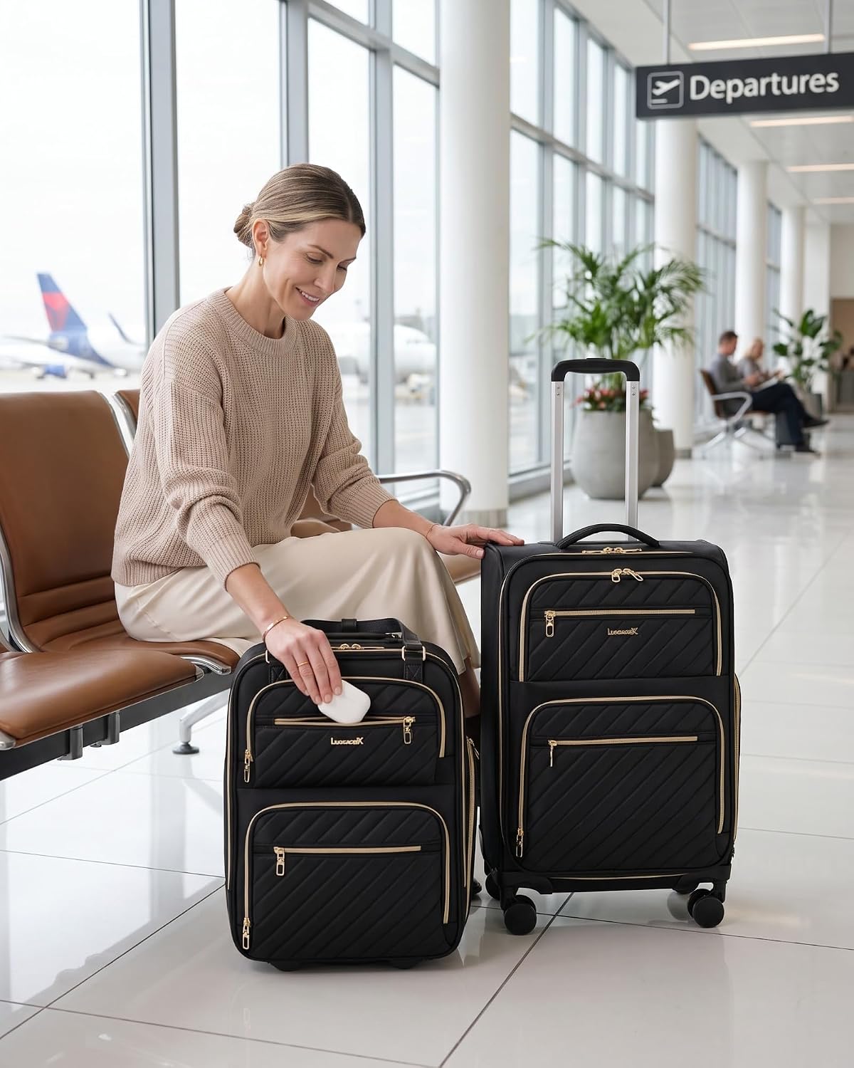 LUGGEX Underseat Carry On Luggage with Wheels, UDK Stylish Lightweight Under Seat Luggage, Soft Sided Personal Item Suitcase for Short Trip (UX-Core, Black, 16 Inch)