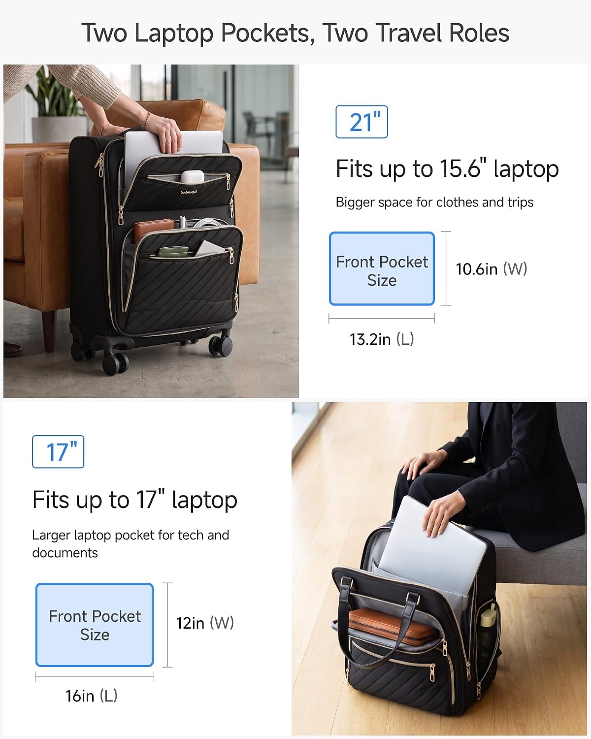 LUGGEX Underseat Carry On Luggage with Wheels, UDK Stylish Lightweight Under Seat Luggage, Soft Sided Personal Item Suitcase for Short Trip (UX-Core, Black, 16 Inch)