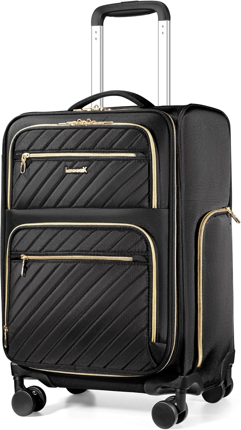 LUGGEX Underseat Carry On Luggage with Wheels, UDK Stylish Lightweight Under Seat Luggage, Soft Sided Personal Item Suitcase for Short Trip (UX-Core, Black, 16 Inch)