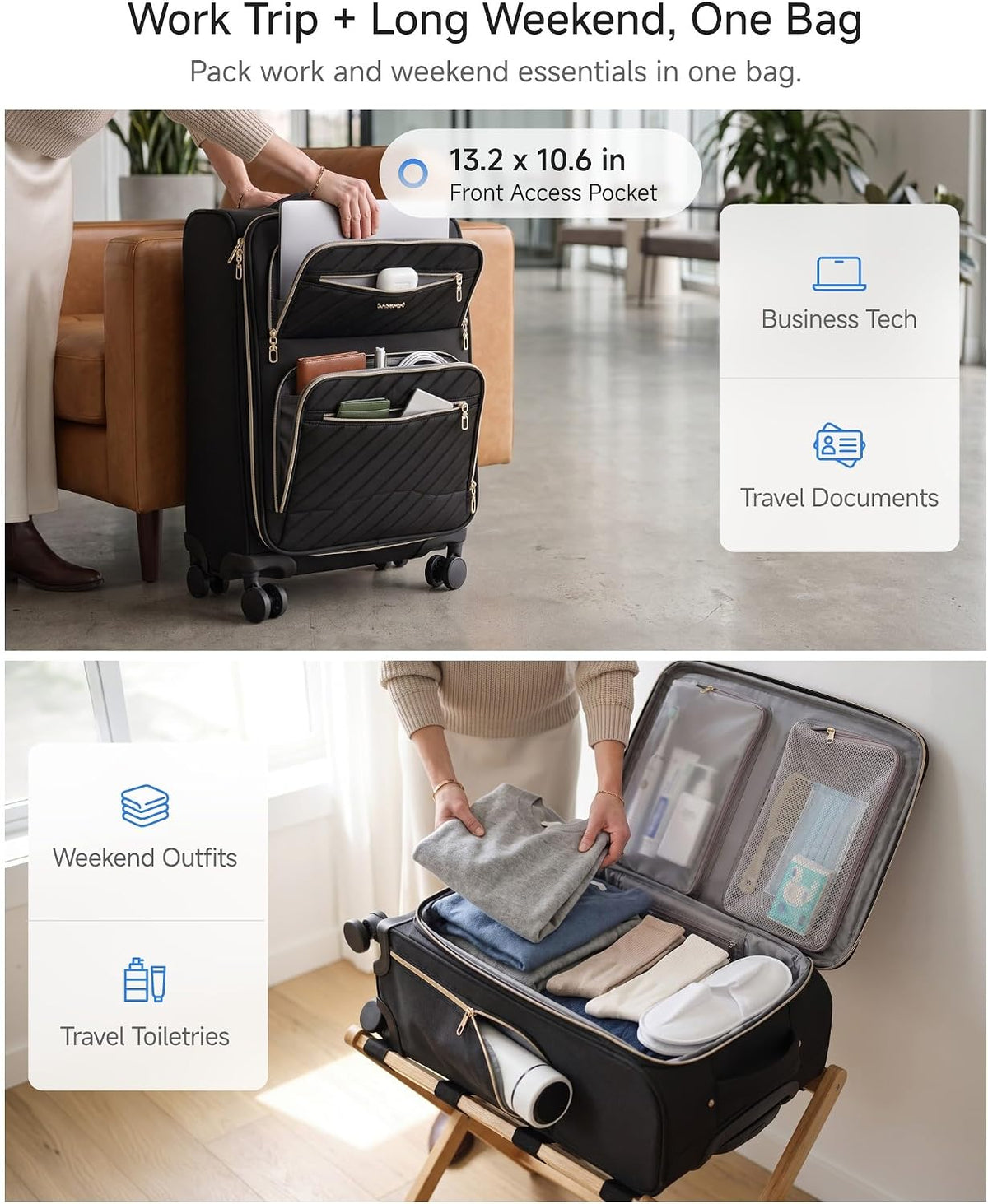 LUGGEX Underseat Carry On Luggage with Wheels, UDK Stylish Lightweight Under Seat Luggage, Soft Sided Personal Item Suitcase for Short Trip (UX-Core, Black, 16 Inch)