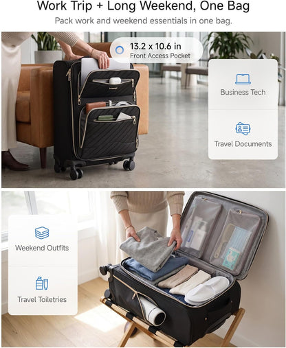 LUGGEX Underseat Carry On Luggage with Wheels, UDK Stylish Lightweight Under Seat Luggage, Soft Sided Personal Item Suitcase for Short Trip (UX-Core, Black, 16 Inch)
