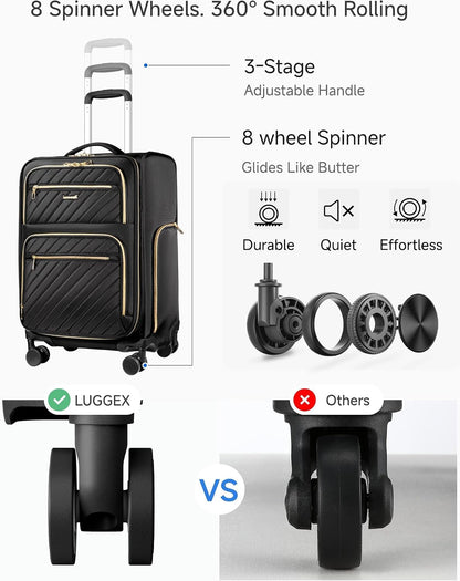 LUGGEX Underseat Carry On Luggage with Wheels, UDK Stylish Lightweight Under Seat Luggage, Soft Sided Personal Item Suitcase for Short Trip (UX-Core, Black, 16 Inch)