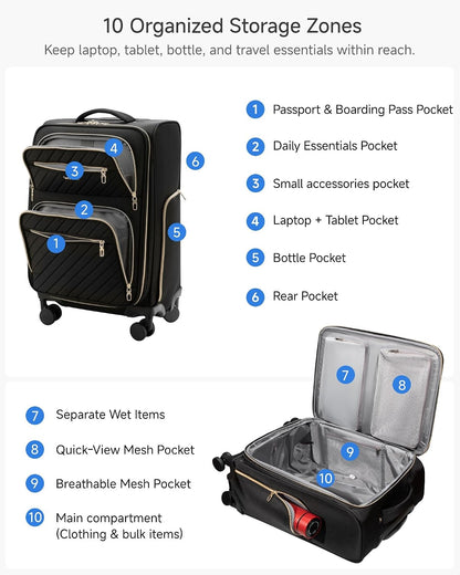 LUGGEX Underseat Carry On Luggage with Wheels, UDK Stylish Lightweight Under Seat Luggage, Soft Sided Personal Item Suitcase for Short Trip (UX-Core, Black, 16 Inch)