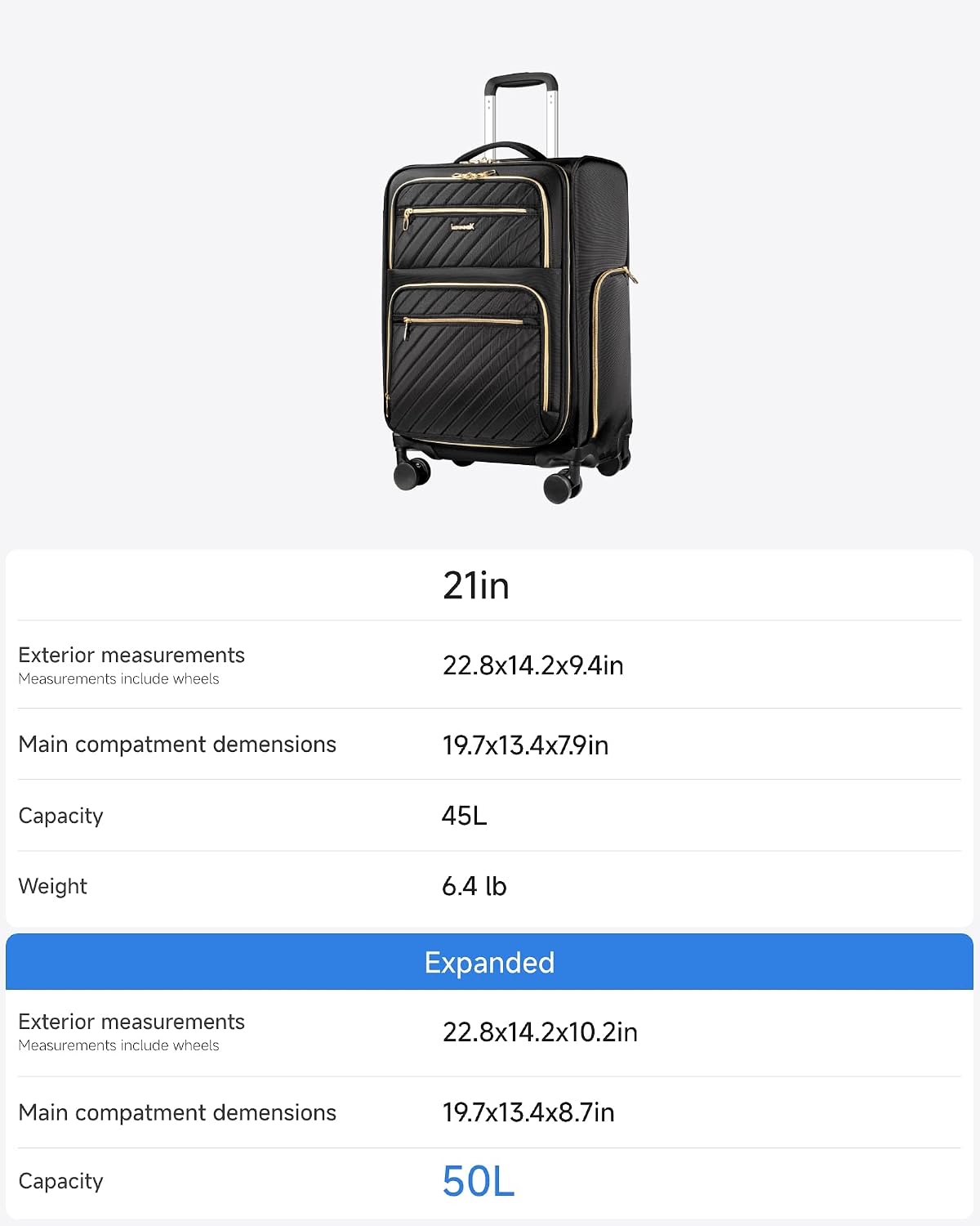 LUGGEX Underseat Carry On Luggage with Wheels, UDK Stylish Lightweight Under Seat Luggage, Soft Sided Personal Item Suitcase for Short Trip (UX-Core, Black, 16 Inch)