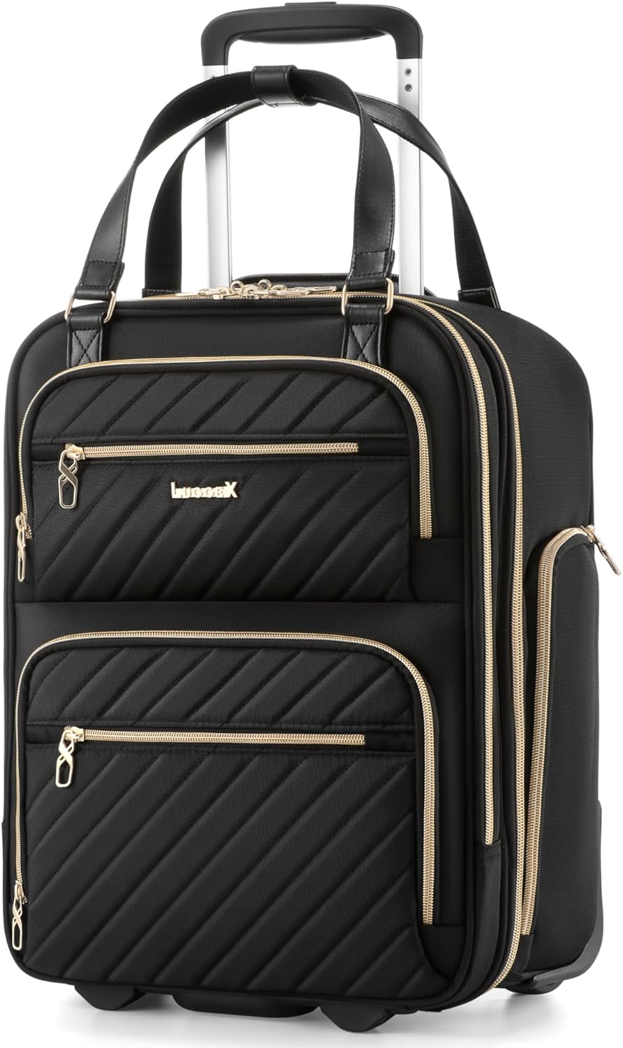 LUGGEX Underseat Carry On Luggage with Wheels, UDK Stylish Lightweight Under Seat Luggage, Soft Sided Personal Item Suitcase for Short Trip (UX-Core, Black, 16 Inch)