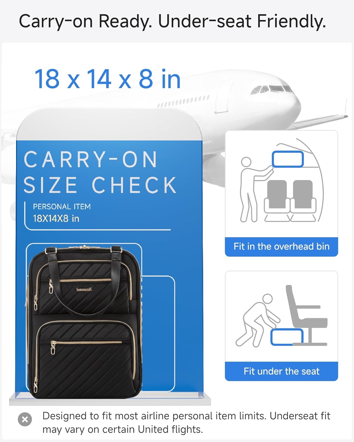 LUGGEX Underseat Carry On Luggage with Wheels, UDK Stylish Lightweight Under Seat Luggage, Soft Sided Personal Item Suitcase for Short Trip (UX-Core, Black, 16 Inch)