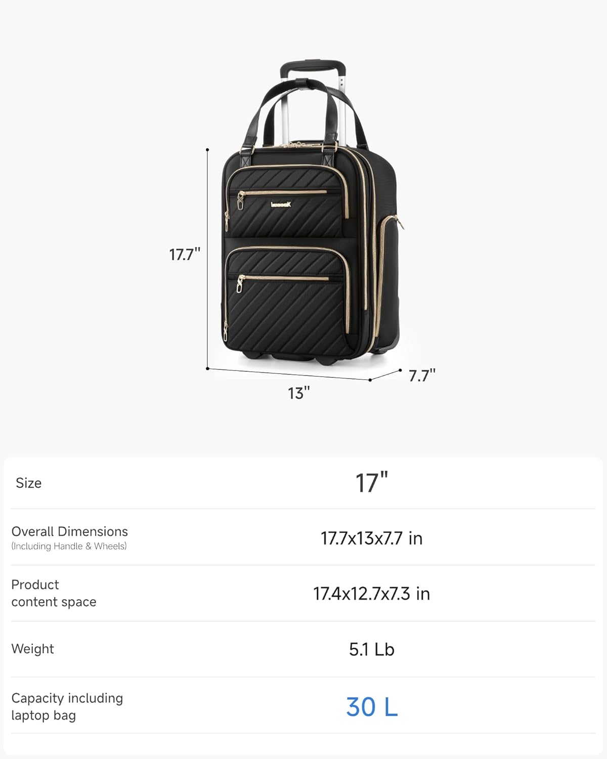 LUGGEX Underseat Carry On Luggage with Wheels, UDK Stylish Lightweight Under Seat Luggage, Soft Sided Personal Item Suitcase for Short Trip (UX-Core, Black, 16 Inch)