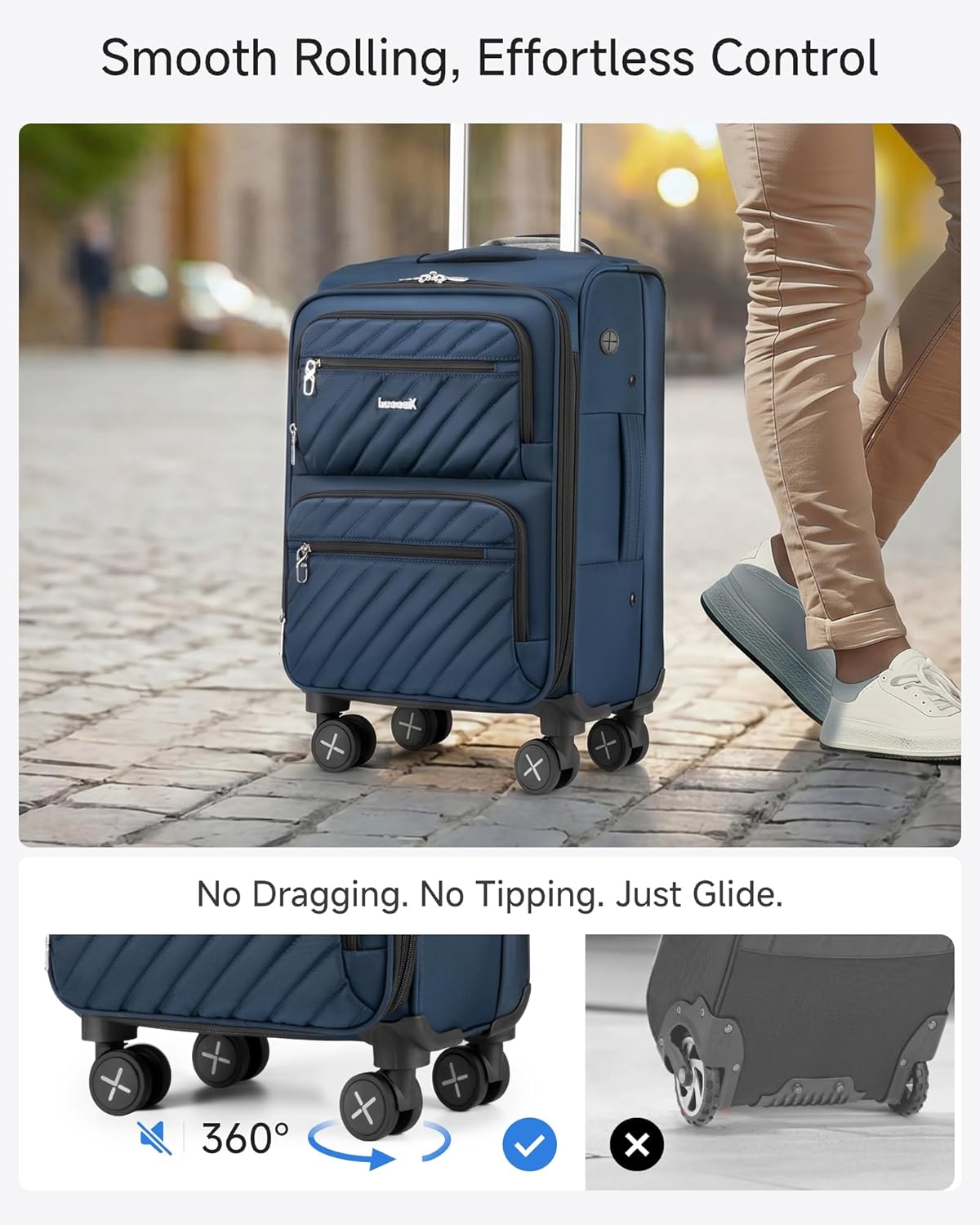 LUGGEX Underseat Carry On Luggage with Wheels, UDK Stylish Lightweight Under Seat Luggage, Soft Sided Personal Item Suitcase for Short Trip (UX-Core, Black, 16 Inch)