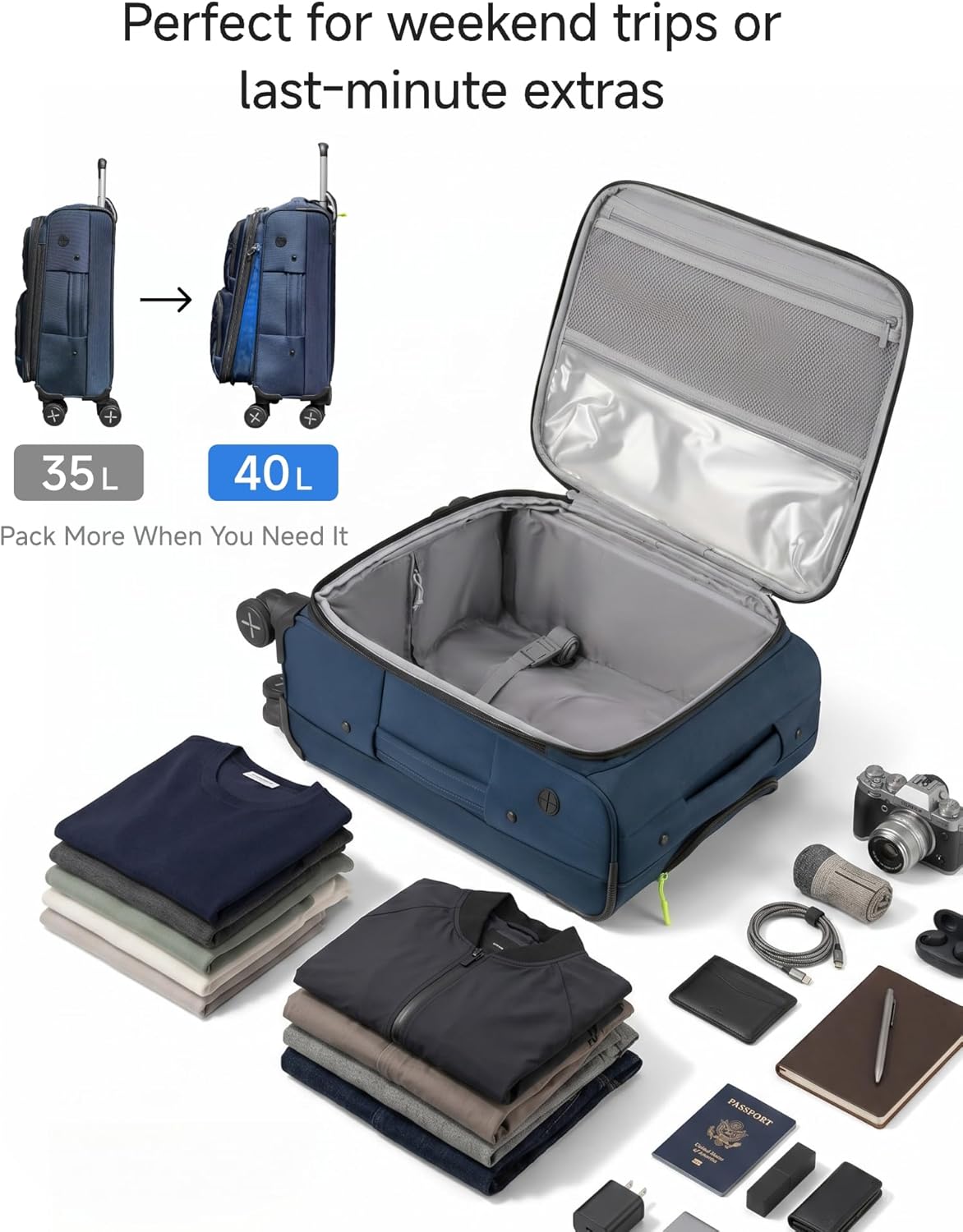 LUGGEX Underseat Carry On Luggage with Wheels, UDK Stylish Lightweight Under Seat Luggage, Soft Sided Personal Item Suitcase for Short Trip (UX-Core, Black, 16 Inch)