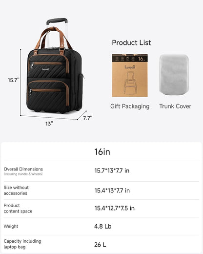 LUGGEX Underseat Carry On Luggage with Wheels, UDK Stylish Lightweight Under Seat Luggage, Soft Sided Personal Item Suitcase for Short Trip (UX-Core, Black, 16 Inch)