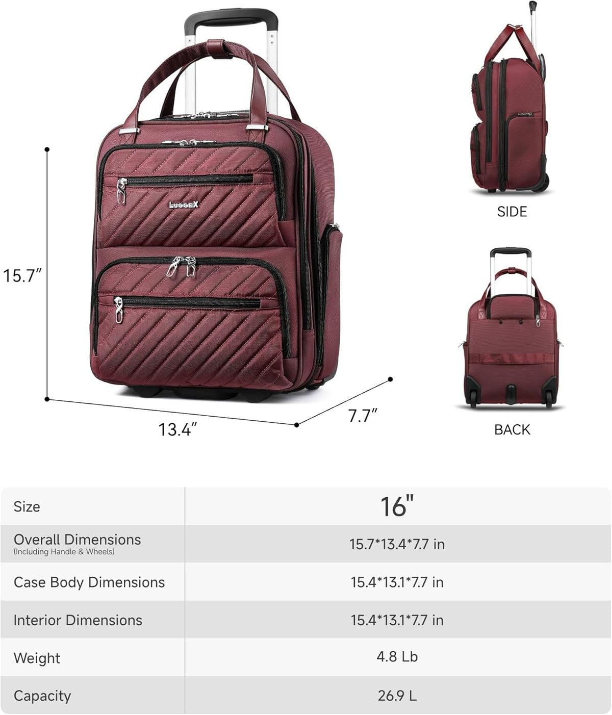 LUGGEX Underseat Carry On Luggage with Wheels, UDK Stylish Lightweight Under Seat Luggage, Soft Sided Personal Item Suitcase for Short Trip (UX-Core, Black, 16 Inch)