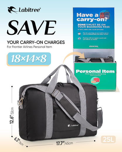 For Frontier Airlines Personal Item Travel Bag 18 x 14 x 8 Inches, Foldable Under Seat Duffel Bags for Spirit Airplane 14 x 18 x 8 Inches, Minimalist Overnight Bag for Women or Men Air Travel [Black]