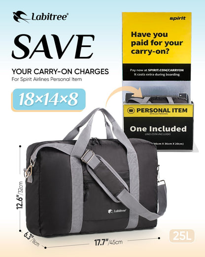 For Frontier Airlines Personal Item Travel Bag 18 x 14 x 8 Inches, Foldable Under Seat Duffel Bags for Spirit Airplane 14 x 18 x 8 Inches, Minimalist Overnight Bag for Women or Men Air Travel [Black]