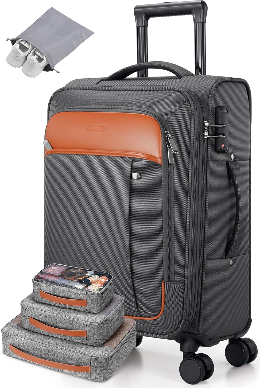 Expandable Carry On Luggage 22x14x9 Airline Approved, 20Inch Softside Carry On Suitcase with Wheels & TSA Lock, Travel Suitcase with 4-Piece Packing Bags for Women Men (Grey, Carry on （20in）)