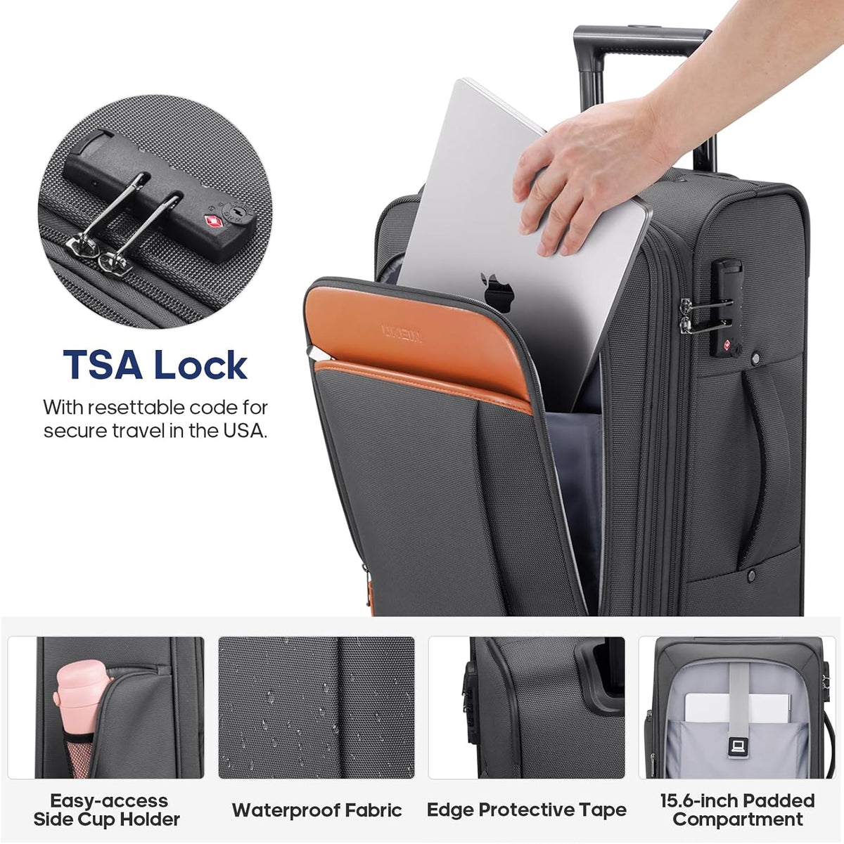 Expandable Carry On Luggage 22x14x9 Airline Approved, 20Inch Softside Carry On Suitcase with Wheels & TSA Lock, Travel Suitcase with 4-Piece Packing Bags for Women Men (Grey, Carry on （20in）)