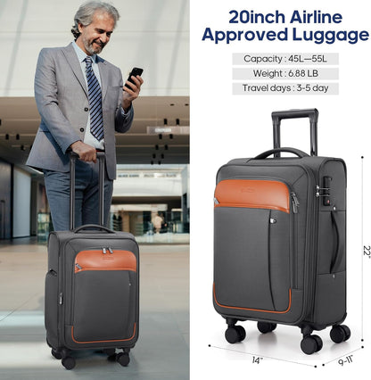 Expandable Carry On Luggage 22x14x9 Airline Approved, 20Inch Softside Carry On Suitcase with Wheels & TSA Lock, Travel Suitcase with 4-Piece Packing Bags for Women Men (Grey, Carry on （20in）)