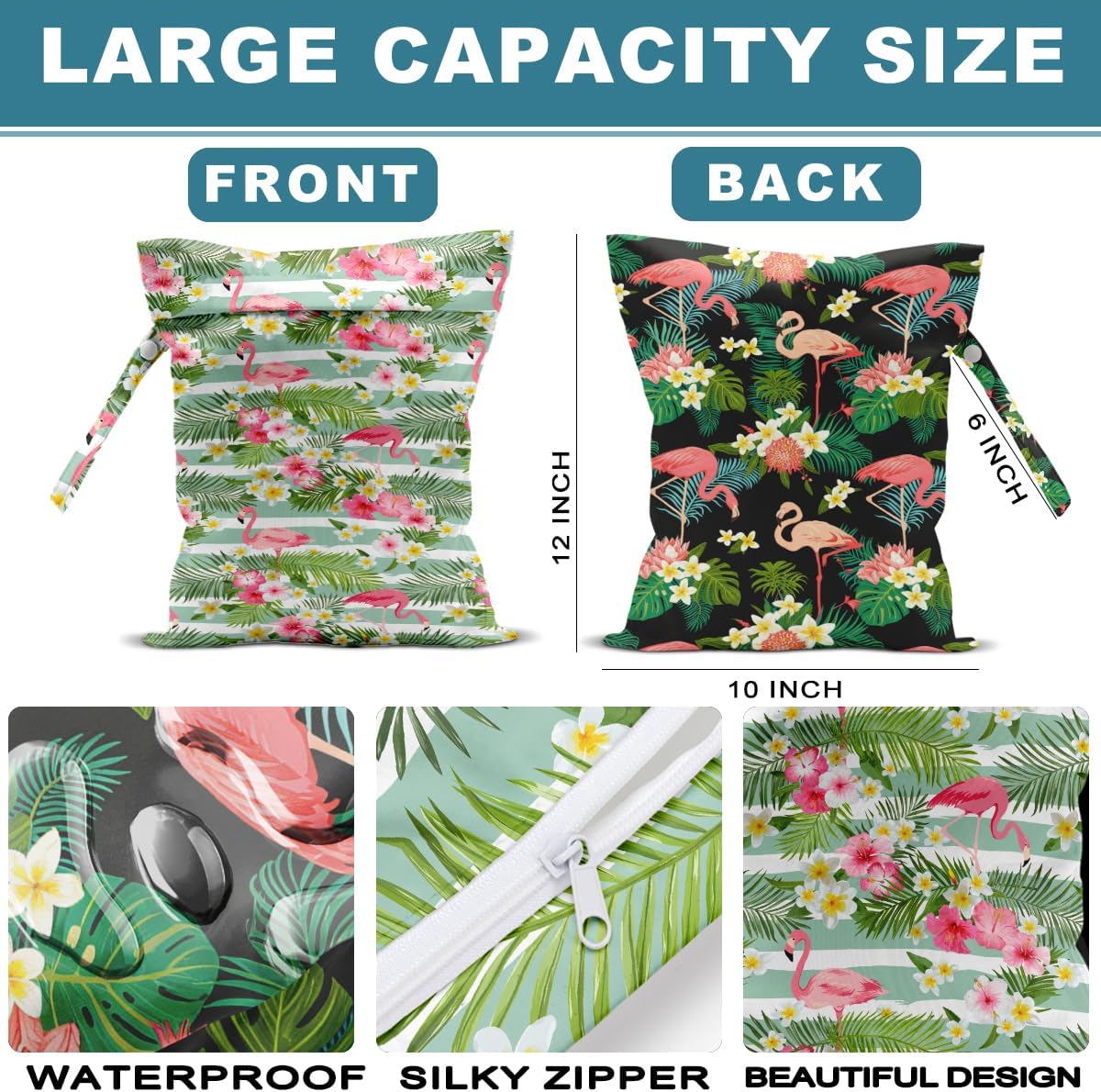 2Pcs Wet Bag, Wet Dry Bag Reusable with Zipper, Travel, Beach, Pool, Diapers, Baby Clothes, Dirty Yoga Gym Clothes,Toiletry, Hook to Stroller, Waterproof Wetdry Packing, Goose Decor (12x10 Inch)